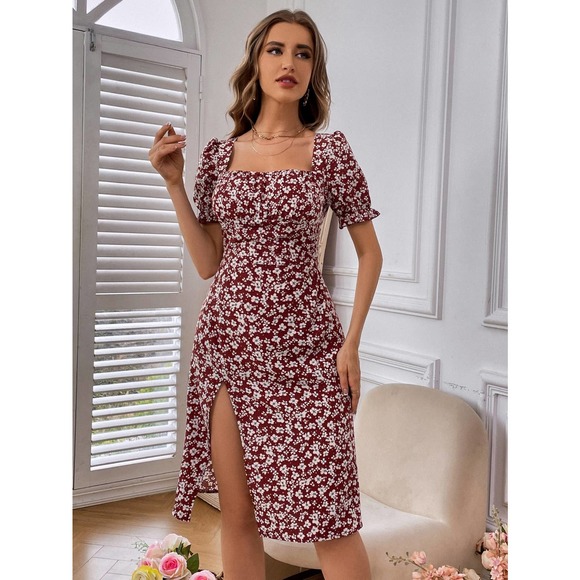 preppy Floral Print Puff Sleeve Split Thigh mini Dress - Picture 10 of 11